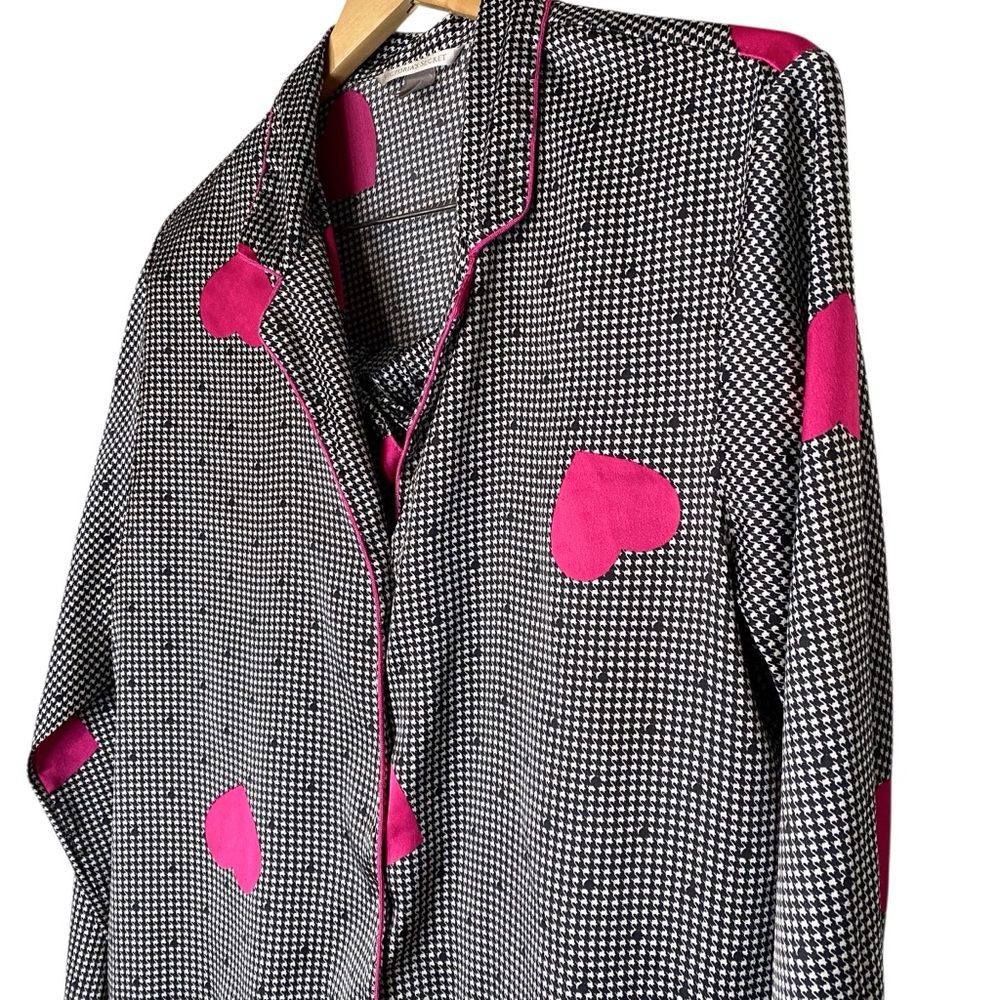 Victoria's Secret Pink Heart B&W Houndstooth Satin PJ Set Button-up top Sz LG